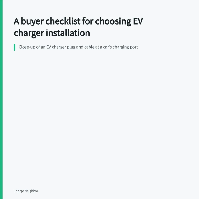 Close-up of an EV charger plug and cable at a car's charging port. A buyer checklist for choosing EV charger installation