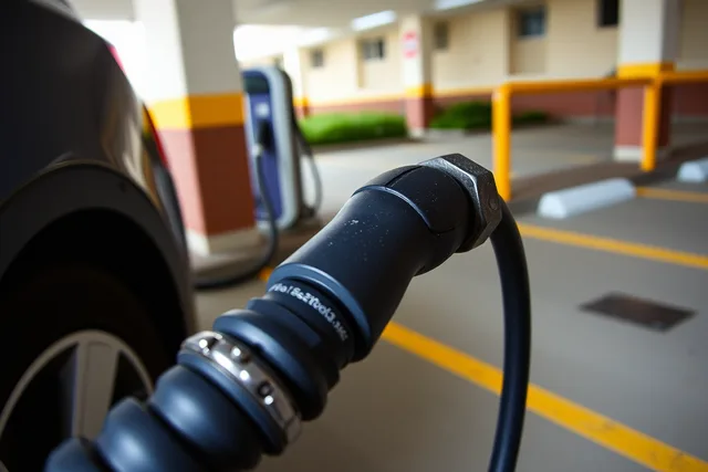 EV charging cable and connector in a condo parking garage, showing wear and holster. A practical maintenance plan for condo EV charging