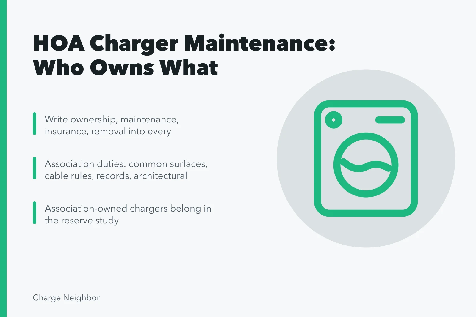 Card on HOA charging maintenance boundaries, duties, and reserve planning. A practical maintenance plan for HOA charging solutions