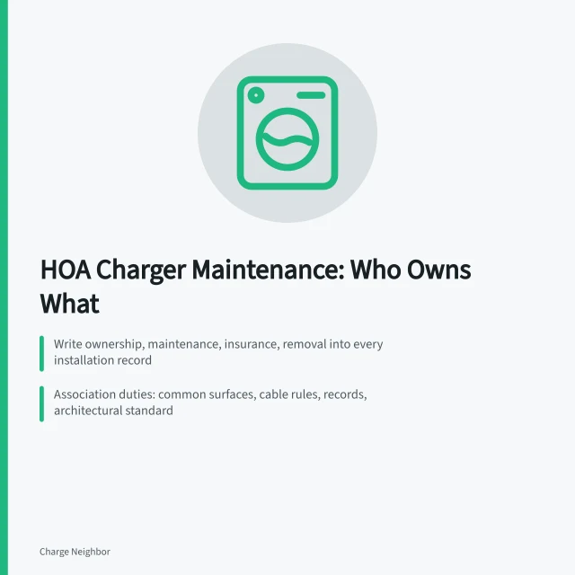 Card on HOA charging maintenance boundaries, duties, and reserve planning. A practical maintenance plan for HOA charging solutions