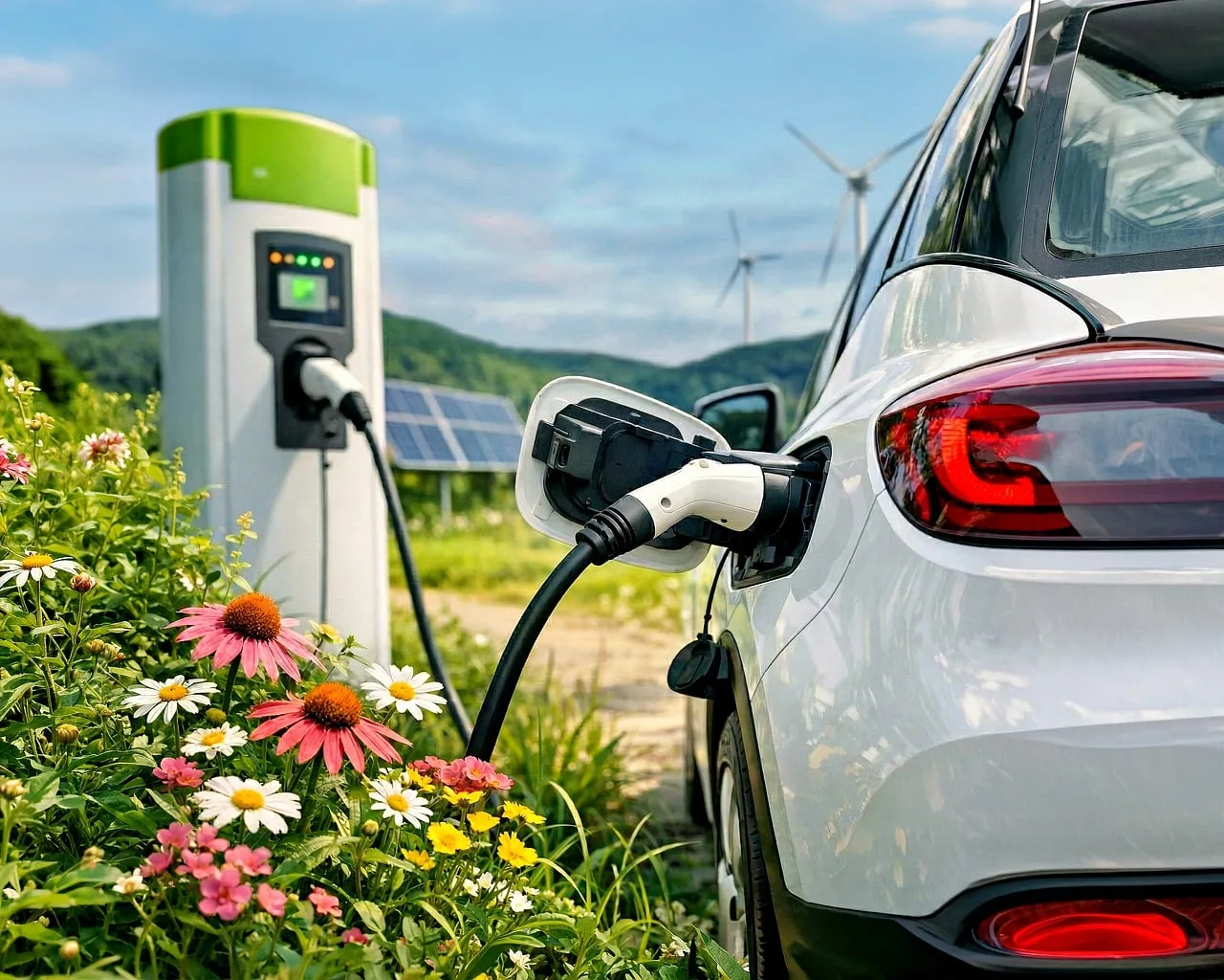 electric car, ev, load, renewable energy, green energy, solar panels, wind turbines, flower wallpaper, durability, environmentally friendly, nature, flowers, automotive, transportation, technology, environment, future, flower background, clean energy, outdoor, beautiful flowers, charging station, modern, ai generated. How to run an annual EV charging roadmap review