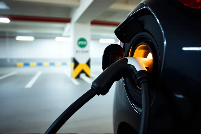 EV charger plug inserted into an electric car's charging port in an apartment garage. Apartment EV charging budgets: how to test