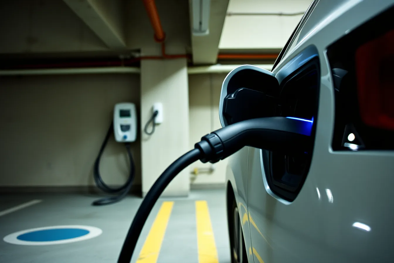 EV charger plug connected to a car in an apartment parking garage. Apartment EV charging: cost guide for 2027