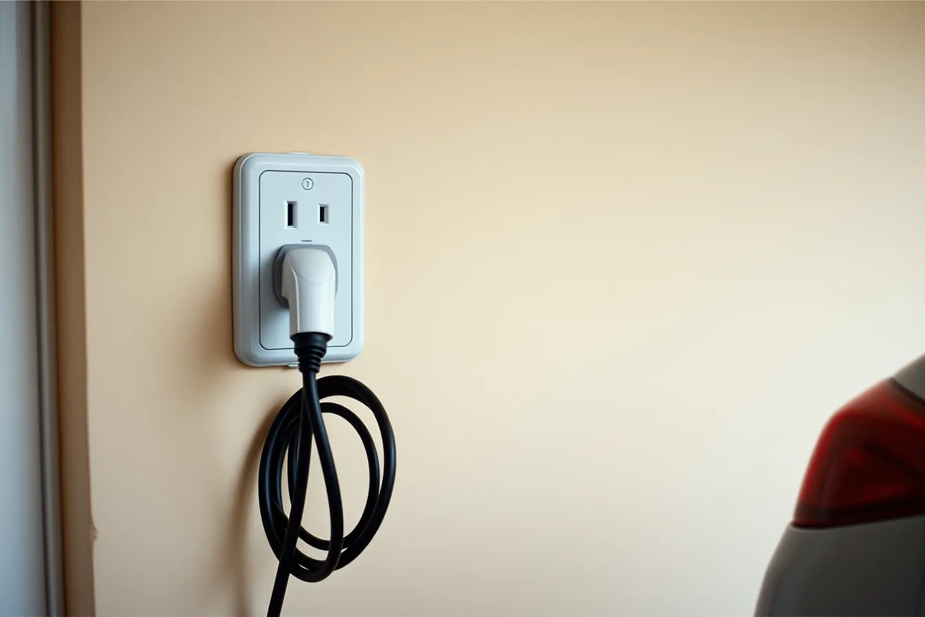 EV charging cable plugged into a standard household wall outlet for Level 1 charging. EV charger installation options, reviewed without the sales pitch