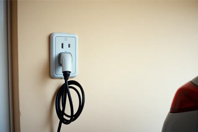 EV charging cable plugged into a standard household wall outlet for Level 1 charging. EV charger installation options, reviewed without the sales pitch
