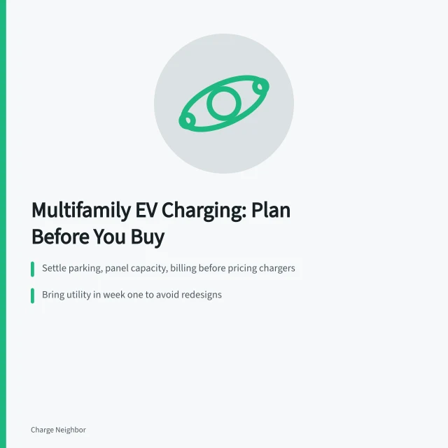 Planning multifamily EV charging: parking, panel, billing, utility, dwell time. Getting started with multifamily EV charging across the U.S.