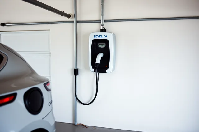 Level 2 EV charger plugged into an electric car inside a home garage. HOA charging solutions compared for value, upkeep and fit