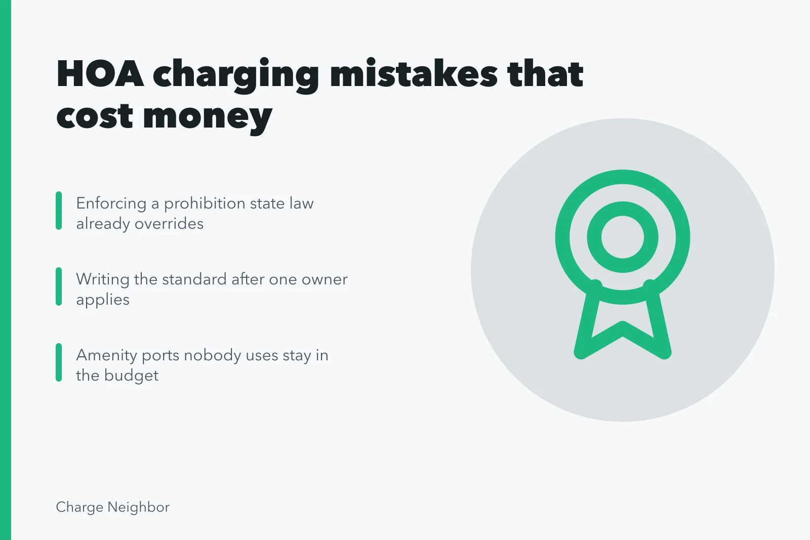 Card listing HOA electric vehicle charging policy mistakes that lead to legal fees and extra costs. HOA charging solutions mistakes that lead to extra costs