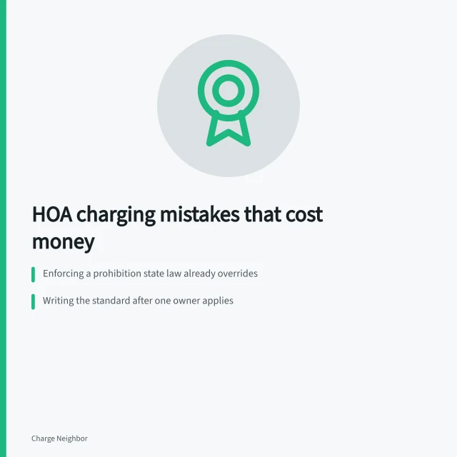 Card listing HOA electric vehicle charging policy mistakes that lead to legal fees and extra costs. HOA charging solutions mistakes that lead to extra costs