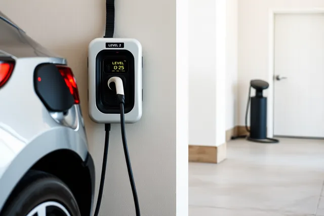 EV charger plug connected to a wall-mounted charging unit in a garage. HOA charging solutions products worth comparing in 2027