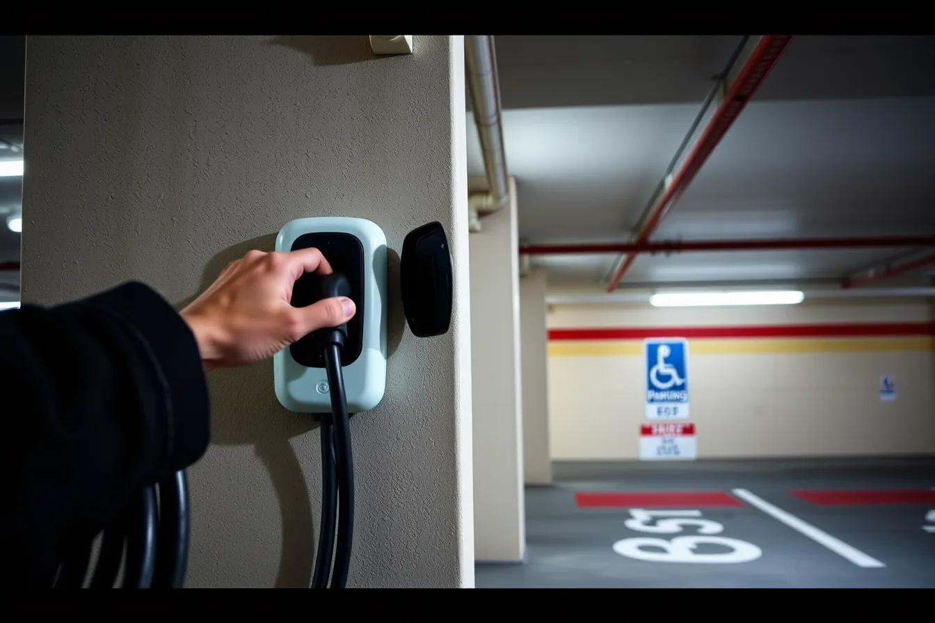 EV charger plug inserted into wall-mounted charging station in condo garage. How local installers work with condo EV charging