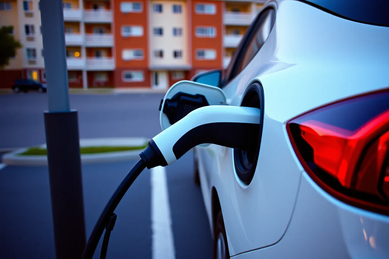 EV charger plug connected to a car at a multifamily charging station. How to compare specs for multifamily EV charging in 2027