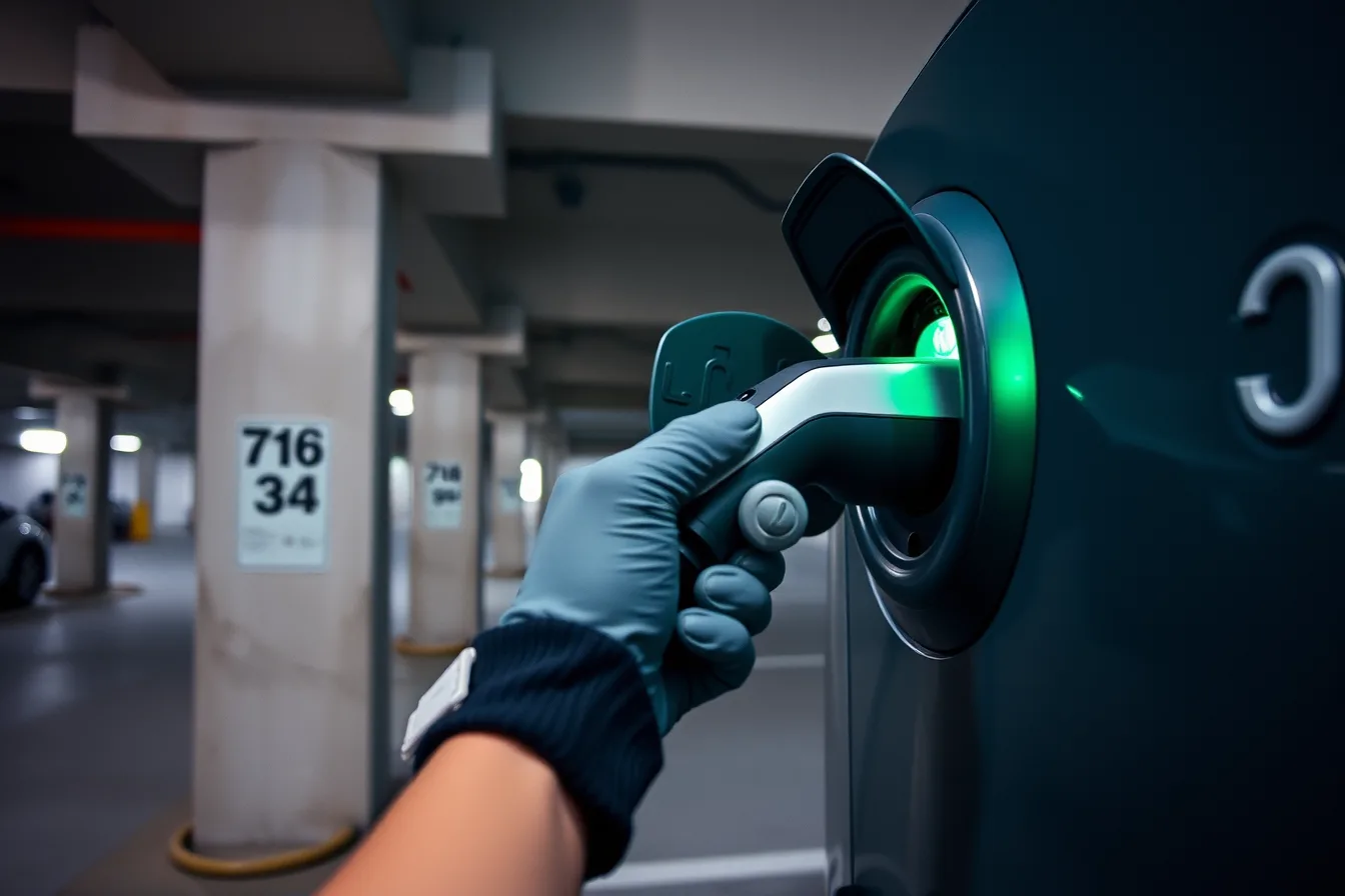 EV charger plug connected to a car in an apartment garage. How to test the everyday value of multifamily EV charging