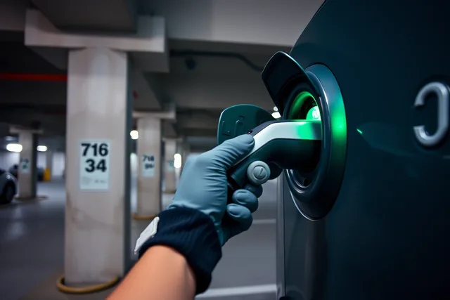 EV charger plug connected to a car in an apartment garage. How to test the everyday value of multifamily EV charging