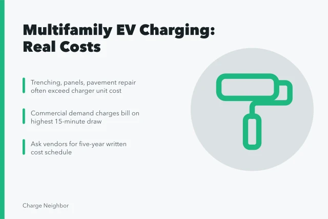 Multifamily EV charging cost breakdown: construction, monthly bills, incentives. Multifamily EV charging costs for homes and shared buildings