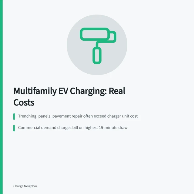 Multifamily EV charging cost breakdown: construction, monthly bills, incentives. Multifamily EV charging costs for homes and shared buildings