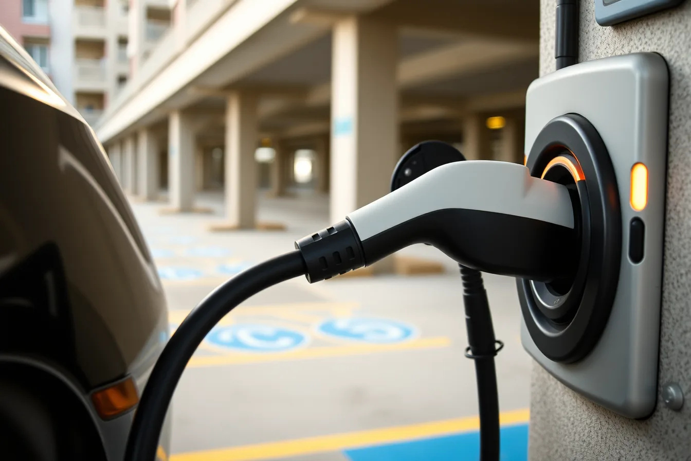 EV charger plug held toward a car's charge port in a parking garage. Multifamily EV charging: installation steps