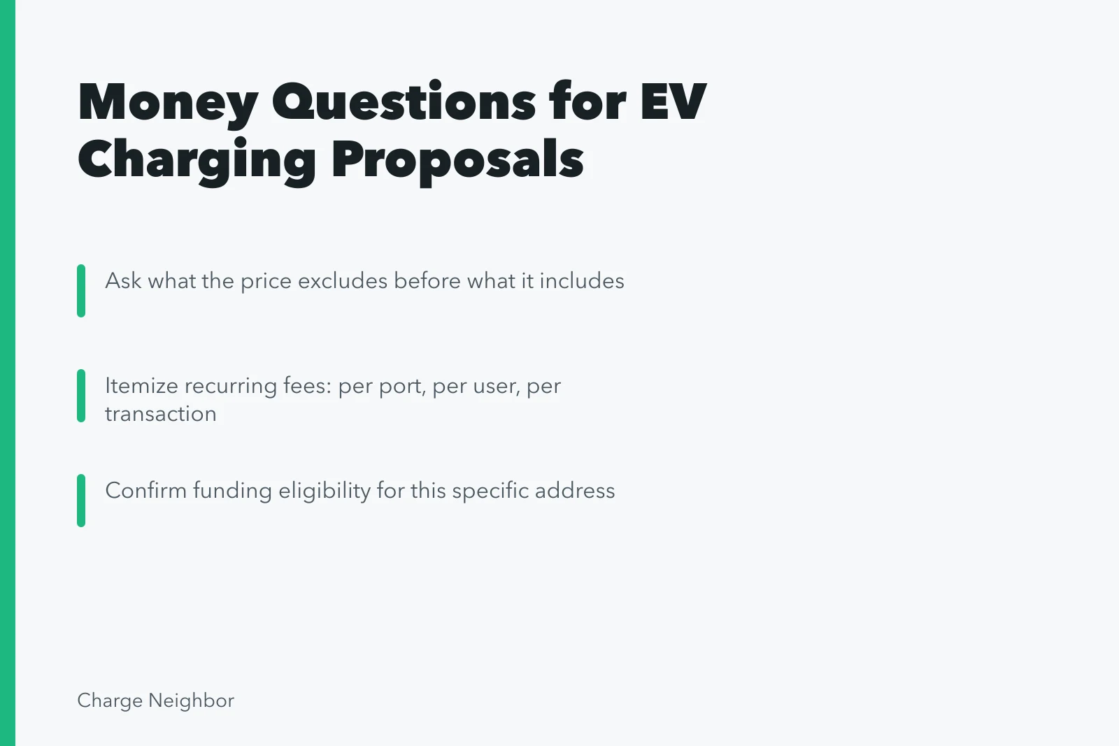 Card listing financial questions to ask before apartment EV charging installation. Questions to ask before buying apartment EV charging budgets