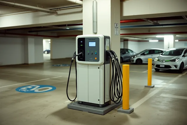 Shared dual-port EV charging pedestal between two parking bays in an apartment garage. Shared charging station designs in 2027: 19 to consider
