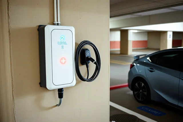 Level 2 EV charger with plug and cable in apartment garage parking stall. Shared charging station designs: owner experiences