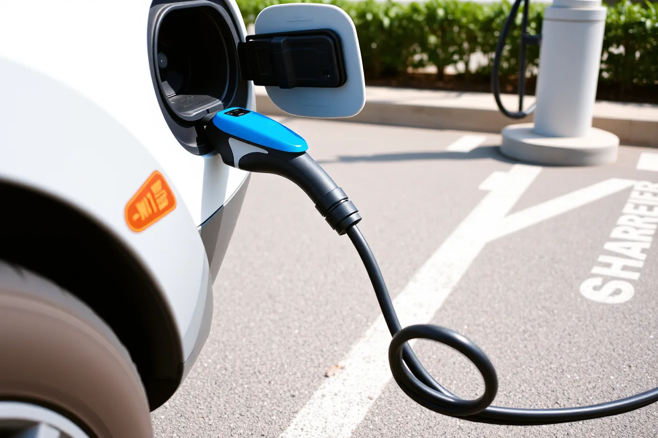 Charging cable plugged into an electric car at a shared charging station. Shared charging station designs: rules to check