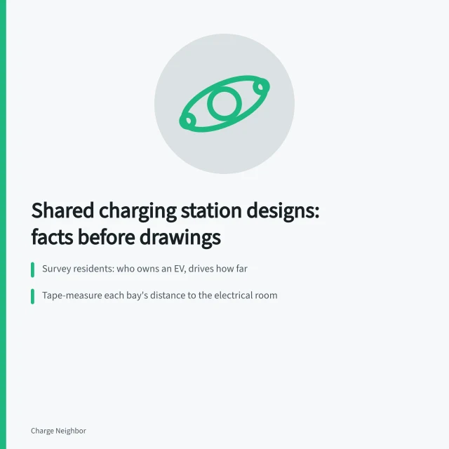 Planning a shared EV charging layout: survey, measure, check power, pick operator. Shared charging station designs: the first steps