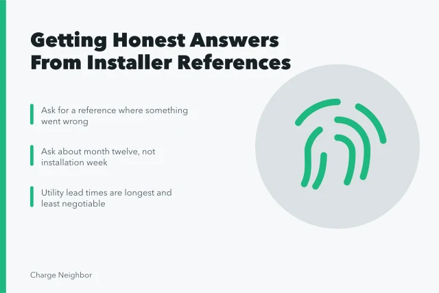 Checklist for vetting EV charger installer references and asking about problems. What owners report after using EV charger installation