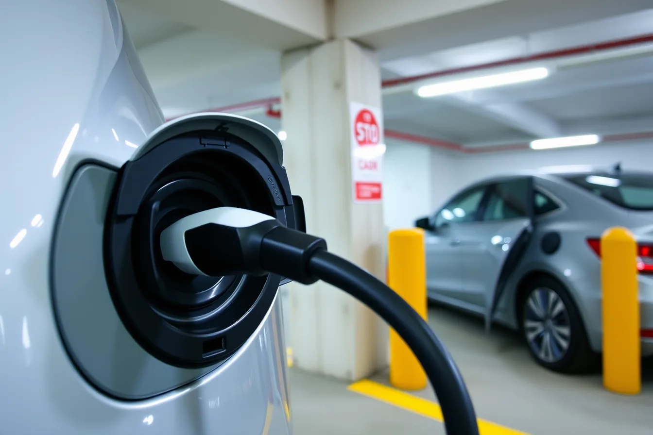 EV charging plug connected to a car in a condo garage. Where privacy concerns appear with condo EV charging