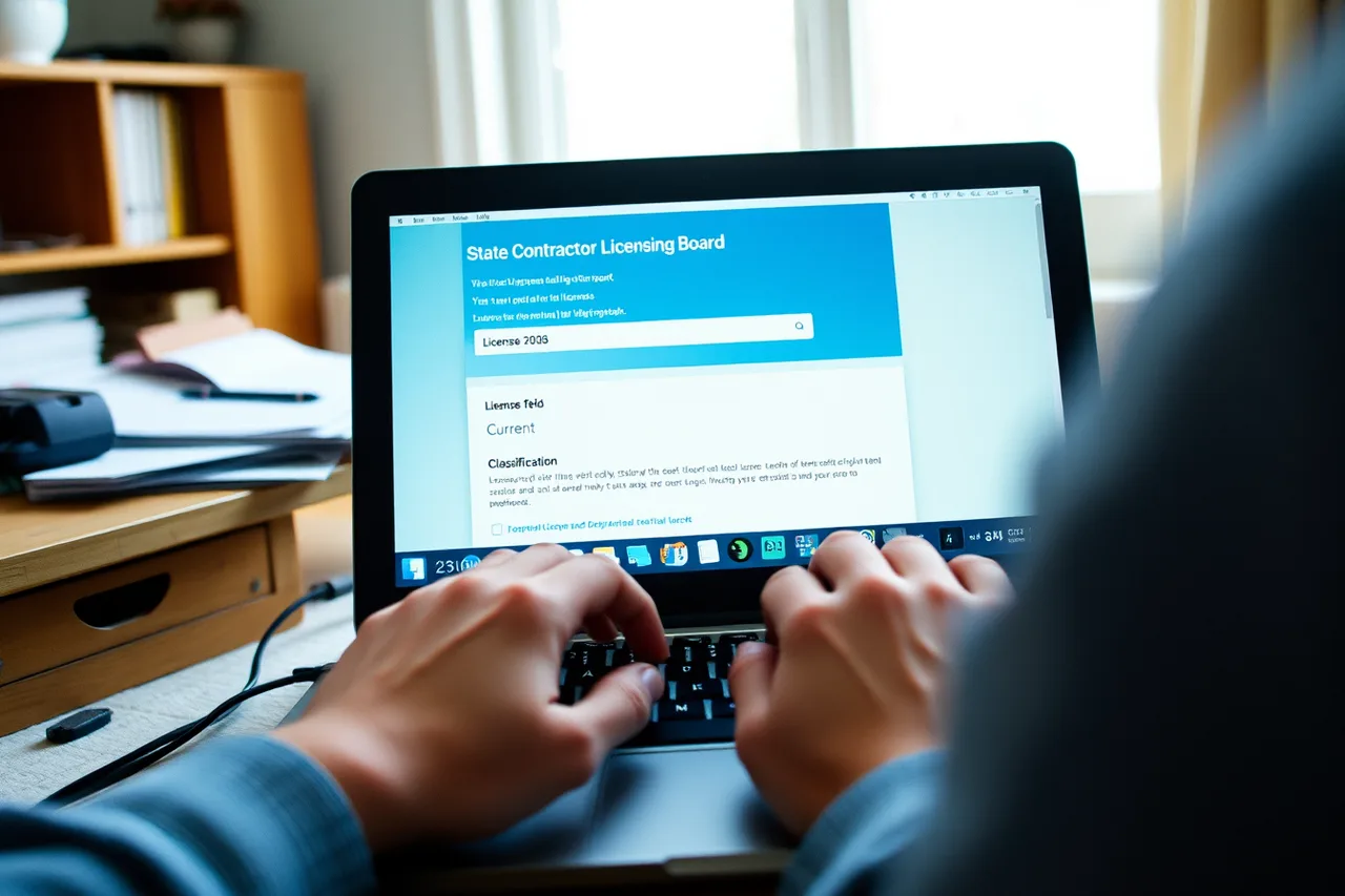 Hands typing a contractor license number into a state licensing board search page (A buyer checklist for choosing EV charger installation)