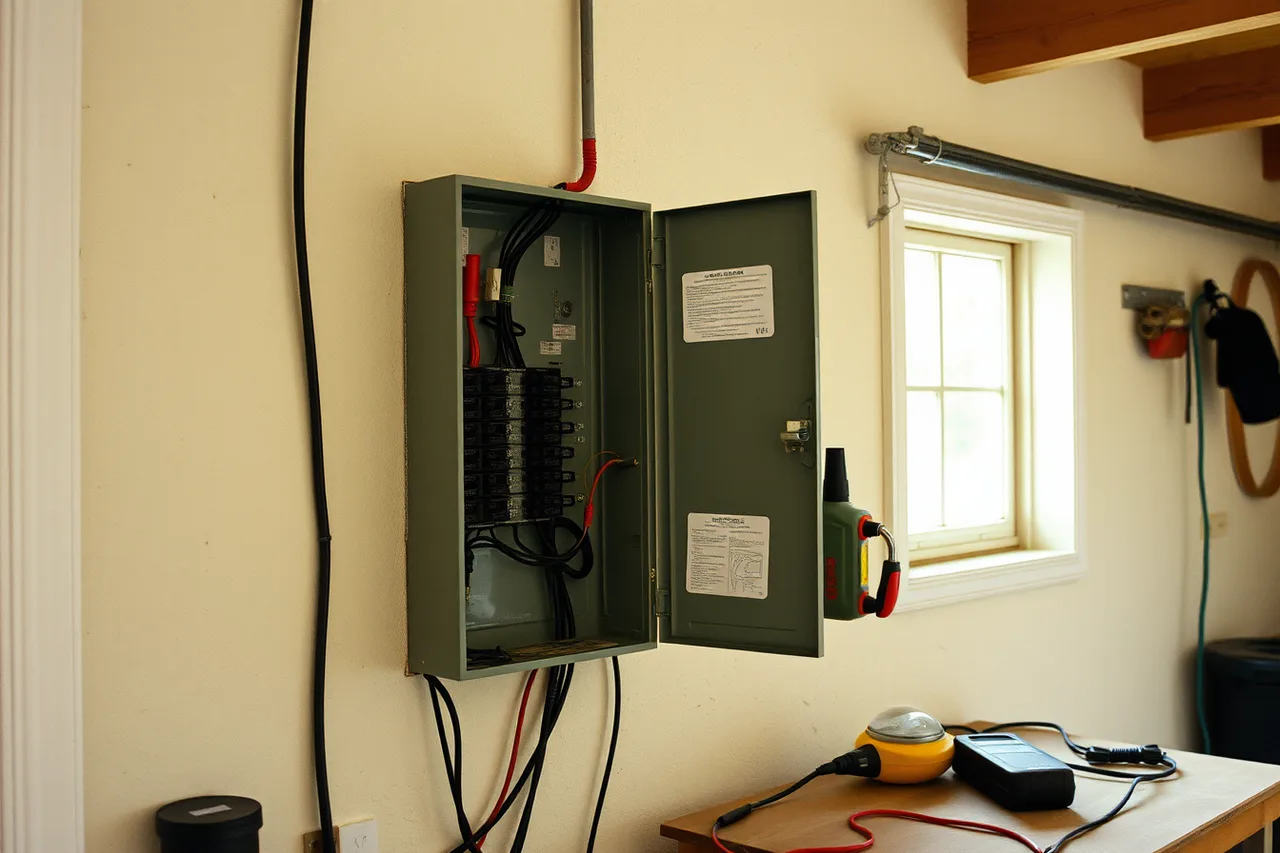Electrician with clipboard inspecting an open home breaker panel before quoting (A buyer checklist for choosing EV charger installation)