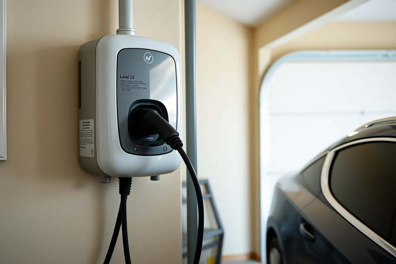 Wall-mounted EV charger with coiled cable and certification label in a garage (A buyer checklist for choosing EV charger installation)