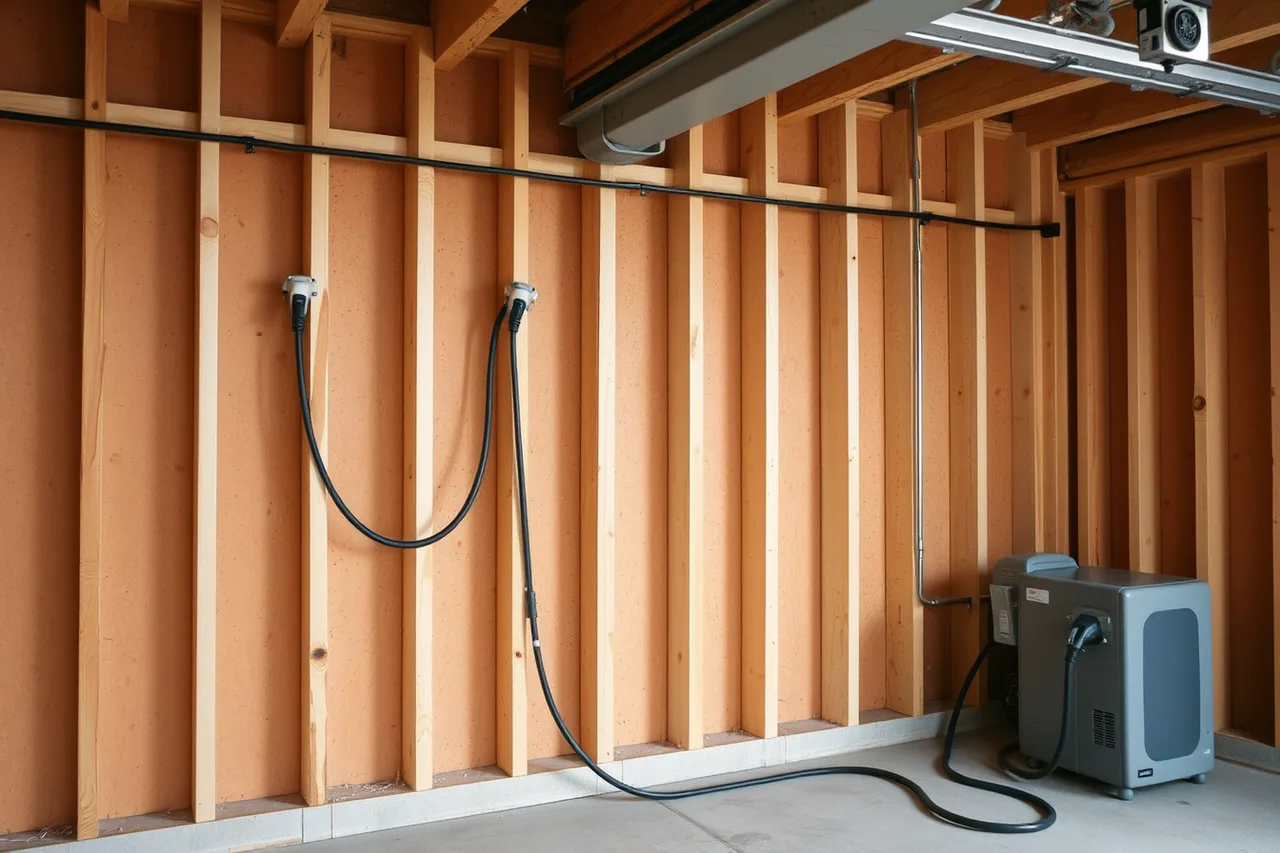 EV charger cable being run through unfinished garage framing (A plain-English look at how EV charger installation works)
