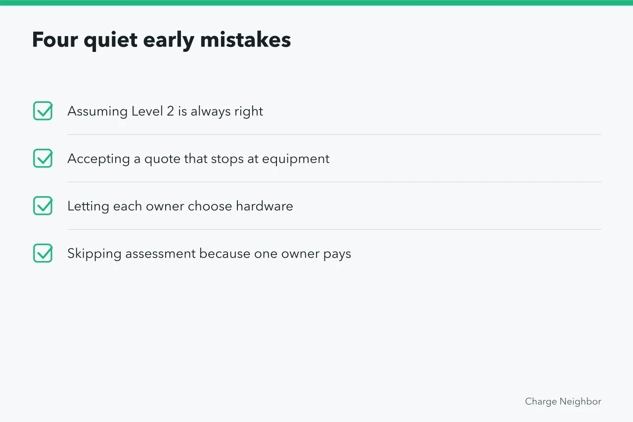 Checklist of four early condo EV charging mistakes that look fine (Condo EV charging mistakes that lead to extra costs)