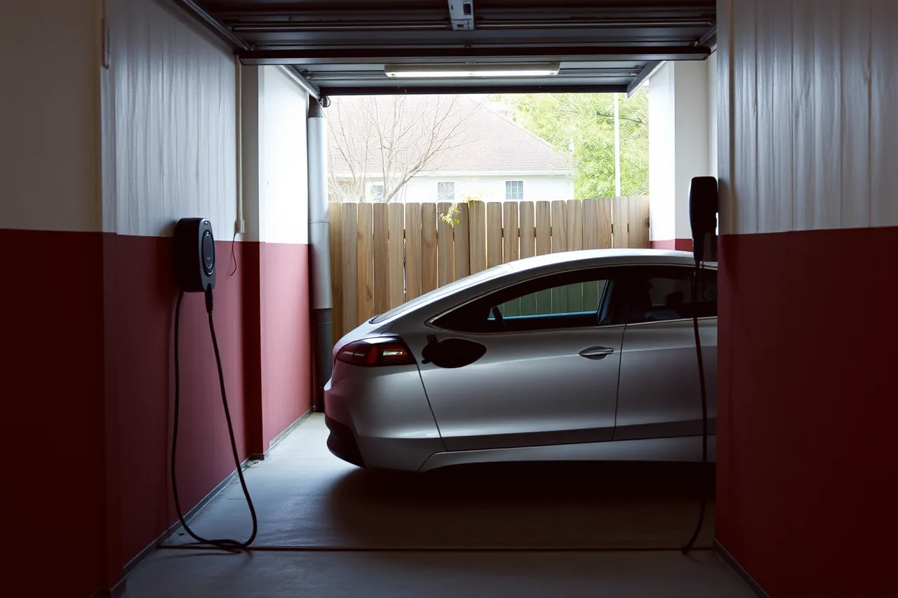 Charging cable stretched across a narrow garage bay to a car inlet (EV charger installation options, reviewed without the sales pitch)