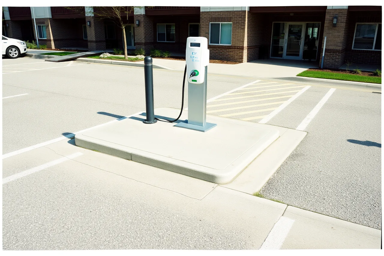 Accessible EV charging space with marked access aisle, bollard, and reachable connector (Getting started with multifamily EV charging across the U.S.)