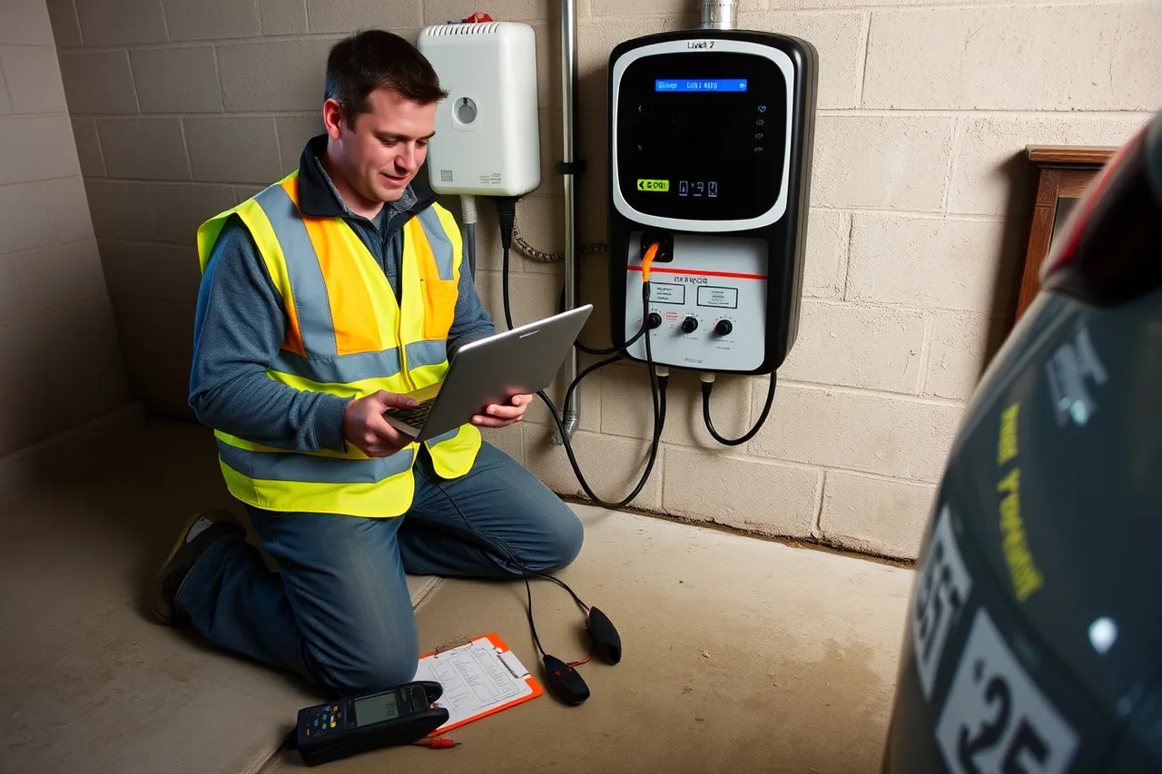 Technician commissioning a new Level 2 charger in a multifamily garage (Getting started with multifamily EV charging across the U.S.)