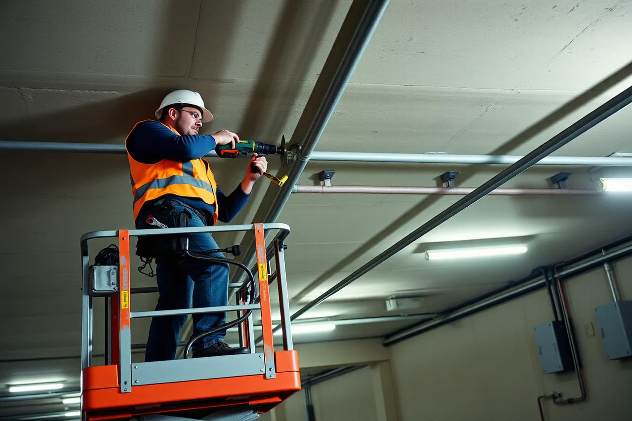 Electrician on lift running conduit across a condo garage ceiling (How local installers work with condo EV charging)