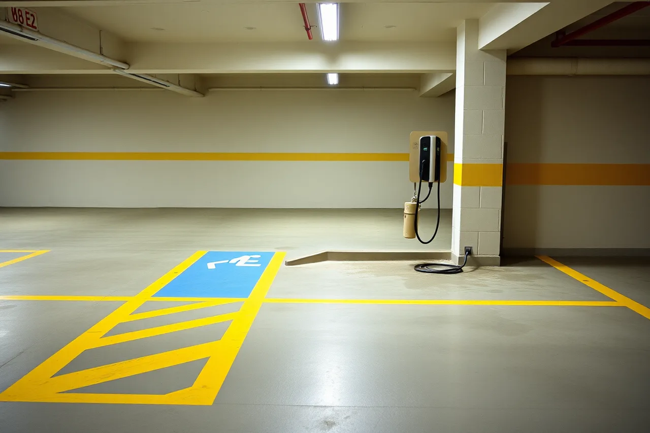 Accessible parking space and access aisle next to wall-mounted EV charger (How local installers work with condo EV charging)