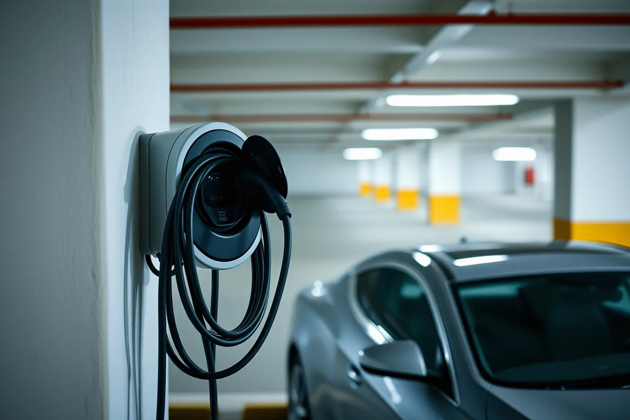 EV charger with cable and plug in a parking garage (Questions to ask before buying multifamily EV charging)