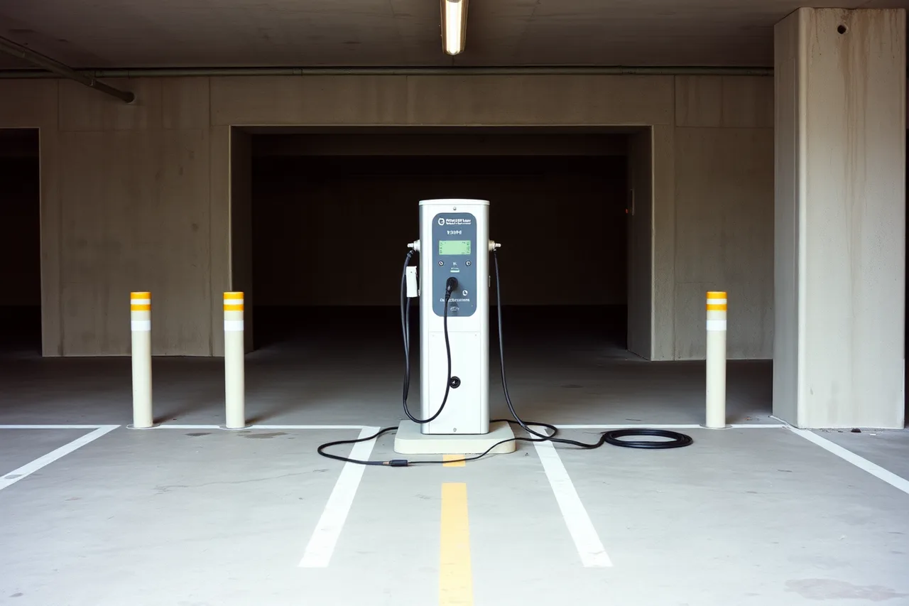 Dual-port charging pedestal between two parking bays with bollards (Shared charging station designs in 2027: 19 to consider)