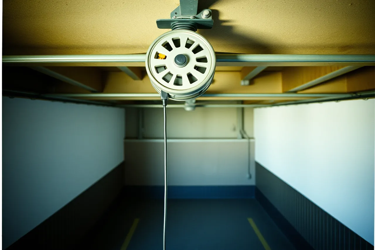 Retractable overhead charging cable hanging above a narrow garage bay (Shared charging station designs in 2027: 19 to consider)