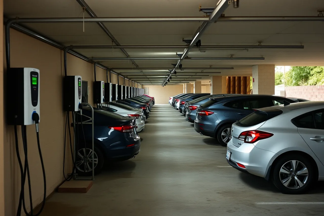 Row of many low-power overnight charging ports along a garage wall (Shared charging station designs in 2027: 19 to consider)