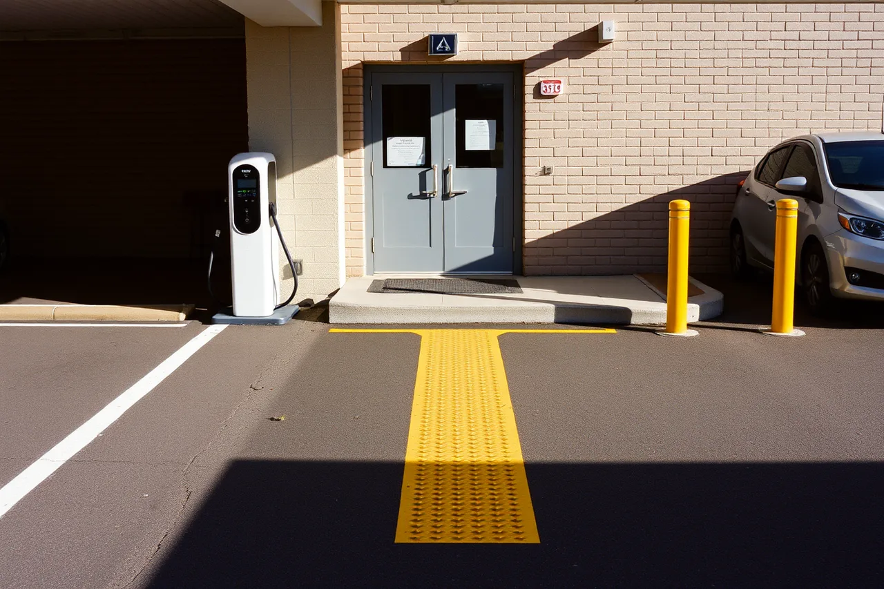 Accessible charging bay with hatched aisle and clear route to building (Shared charging station designs in 2027: 19 to consider)