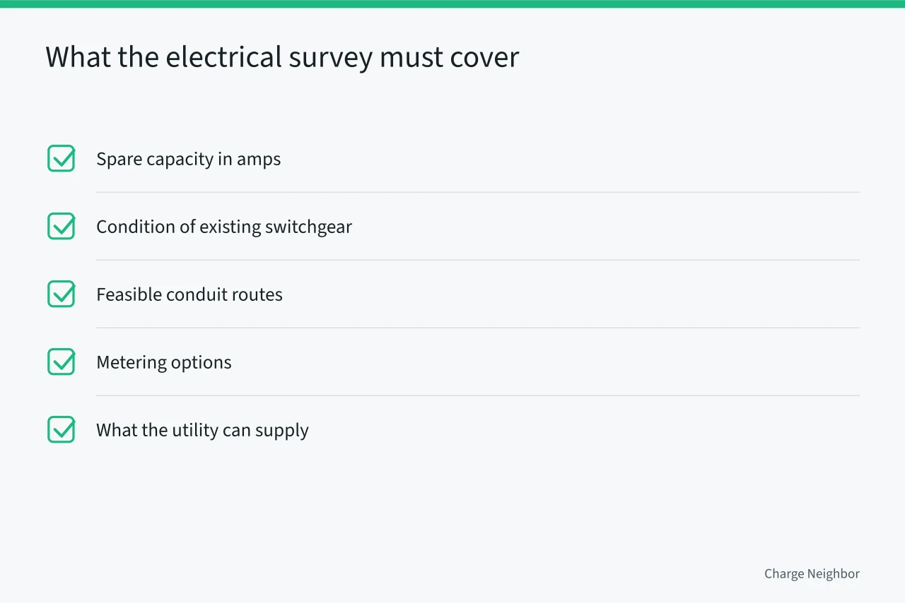 Checklist of five items an electrical survey must document (8 lessons on shared charging station designs)
