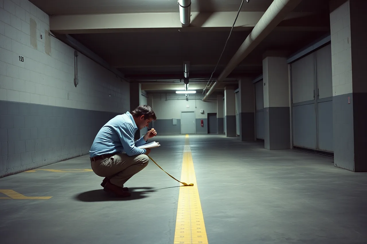Tape measure stretched across a parking bay toward an electrical room (Shared charging station designs: the first steps)